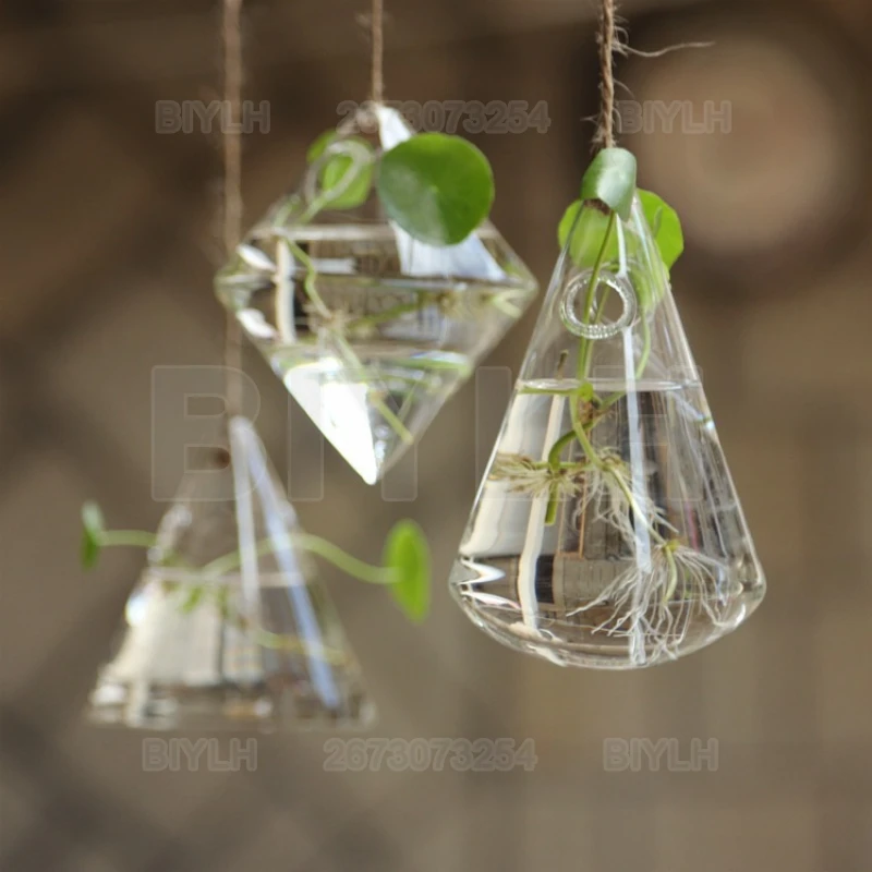 Glass Hanging Vase Hydroponic Glass Vase Home Decoration Wallhanging Ornament Geometric Hanging Bottle Seedling Breeding Station