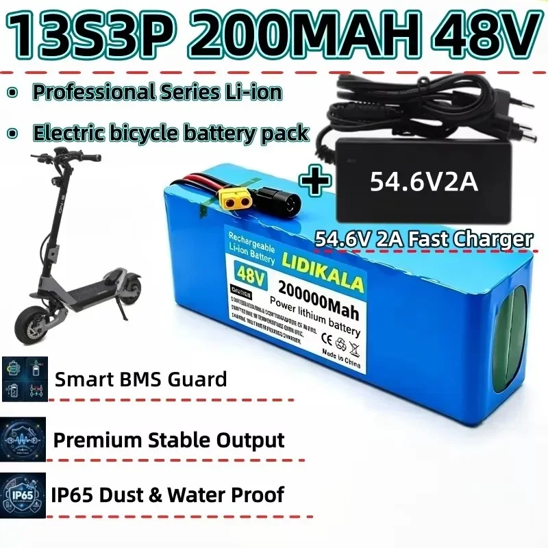 LIDIKALA 48V 200Ah 13S3P Hochleistungs-Lithium-Ionen-Akku, eingebauter BMS-Schutz, 54,6V Voltspannung für 500W-2000W Motor, Ersatzakku für städtische Elektrofahrräder mit XT60-Anschluss.
