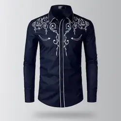 Men Western Cowboy Shirt Lapel Collar Single-breasted Long Sleeve Embroidery Slim Fit Casual Shirt Top Banquet Button Down Shirt