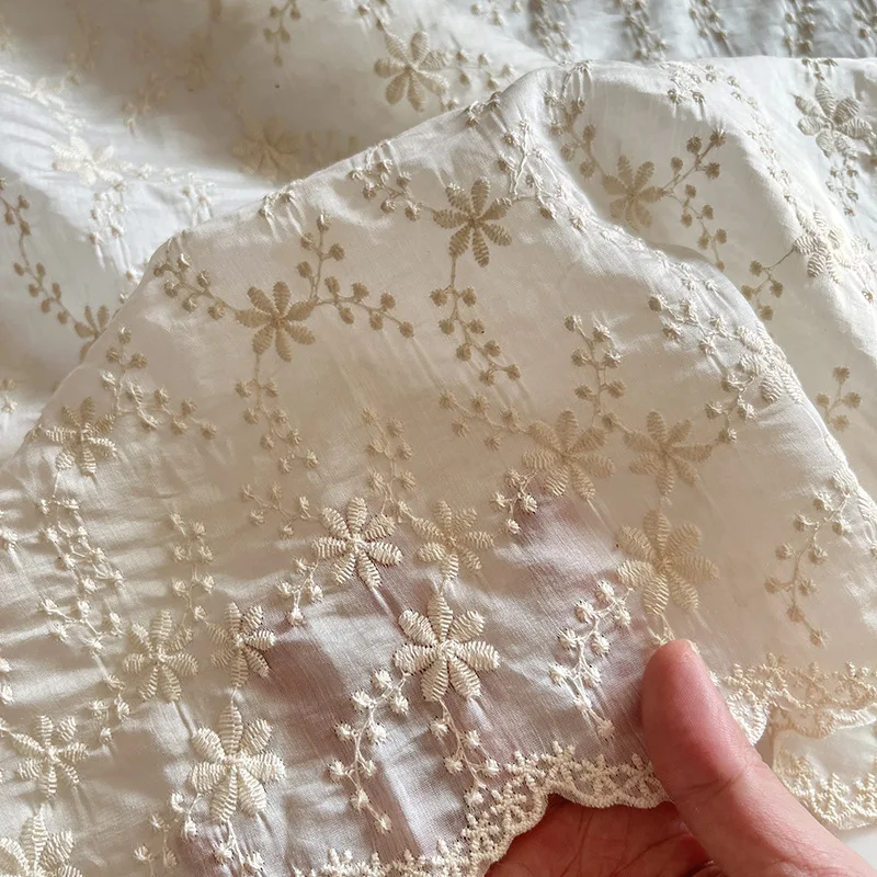 

130 см, 1 ярд/лот, абрикосовая вышитая цветочная ткань для одежды, хлопковое кружево с вышивкой, полная ширина, модная SC100