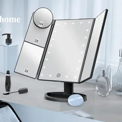 Makeup Vanity Mirror With Lights Adjustable Brightness Mirror With 1x/2x/3x Magnification And Touch Screen Trifold Makeup Mirror