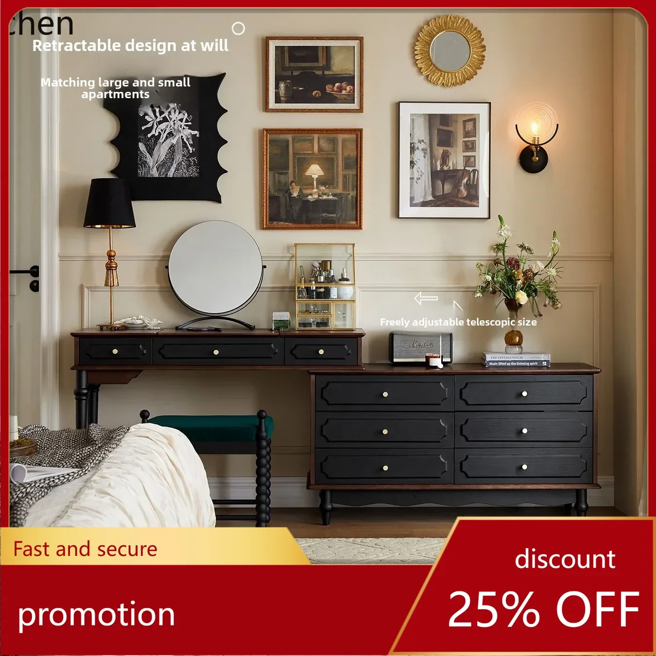 

HXL retro bedside chest dresser integrated American bedroom solid wood dresser flip mirror can be hidden