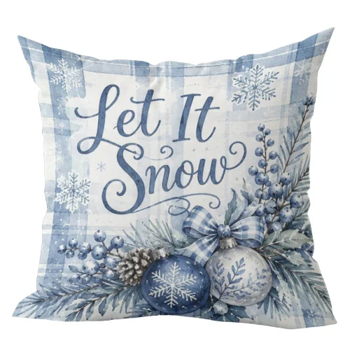 1pcs Rustic Blue Buffalo Plaid Let It Snow Christmas Throw Pillow Cover Winter Holiday Decor Cushion Case