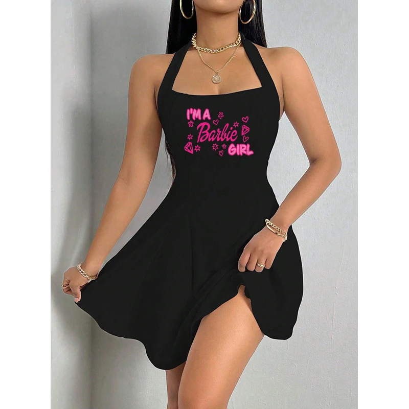 New Fashion Barbie 2024 Girl Sexy Halter Neck Backless Short Dress Kawaii All-Match Y2K A-Line Skirt Birthday Party Clothes Gift