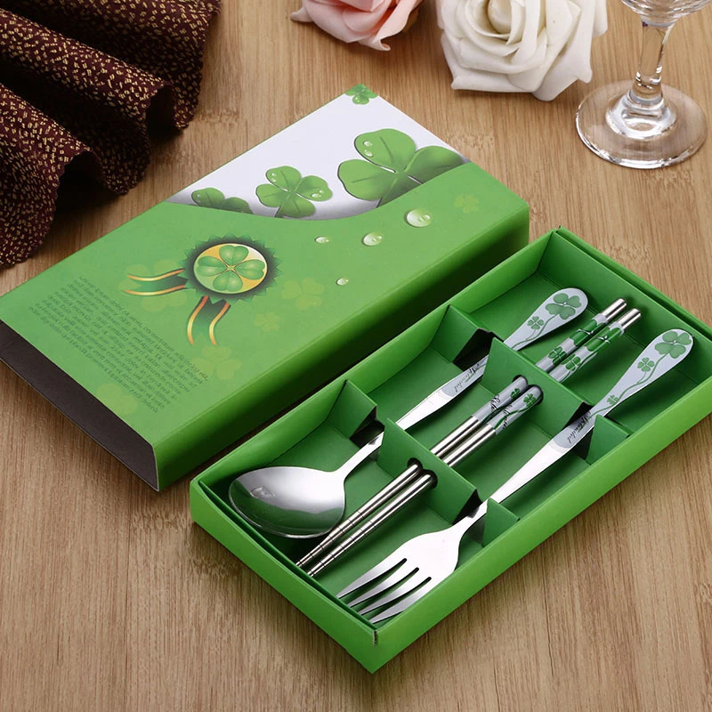 Blue And White Porcelain Stainless Steel Tableware Easy To Clean High Quality Dinner Set Box Fork Chopsticks Spoon Tableware