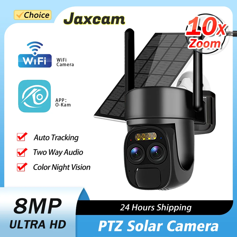 4K 8MP Dual Lens WIFI Solar Pane Camera Outdoor 10X Optical Zoom Audio Color Night Vision Bulit-in Battery Security Camera O-KAM