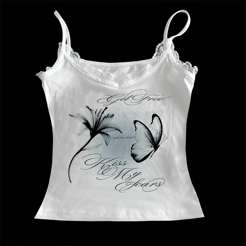 Gotico Grunge Punk Hip Hop Rock Streetwear Casual Sexy Crop Top Y2K Retro Harajuku Emo Girl Estetica Moda Canotta in pizzo Top