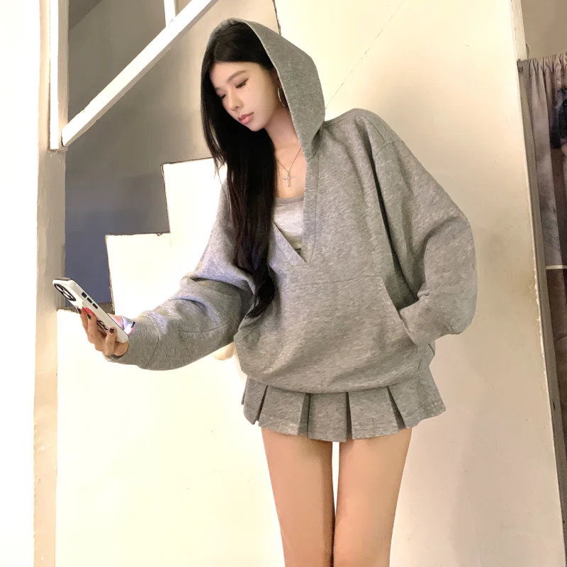 Casual Hooded Pullover Top Women Y2K V-neck Hoodies Solid Harajuku Long Sleeve Hoodie Oversized Tops Female Loose Clothing