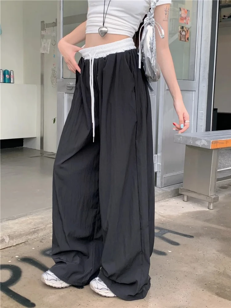 Women's Wide-leg Pants Full Length Solid Elastic Waist Quick-drying Casual Straight-leg Trousers Loose Fit for Spring Summer
