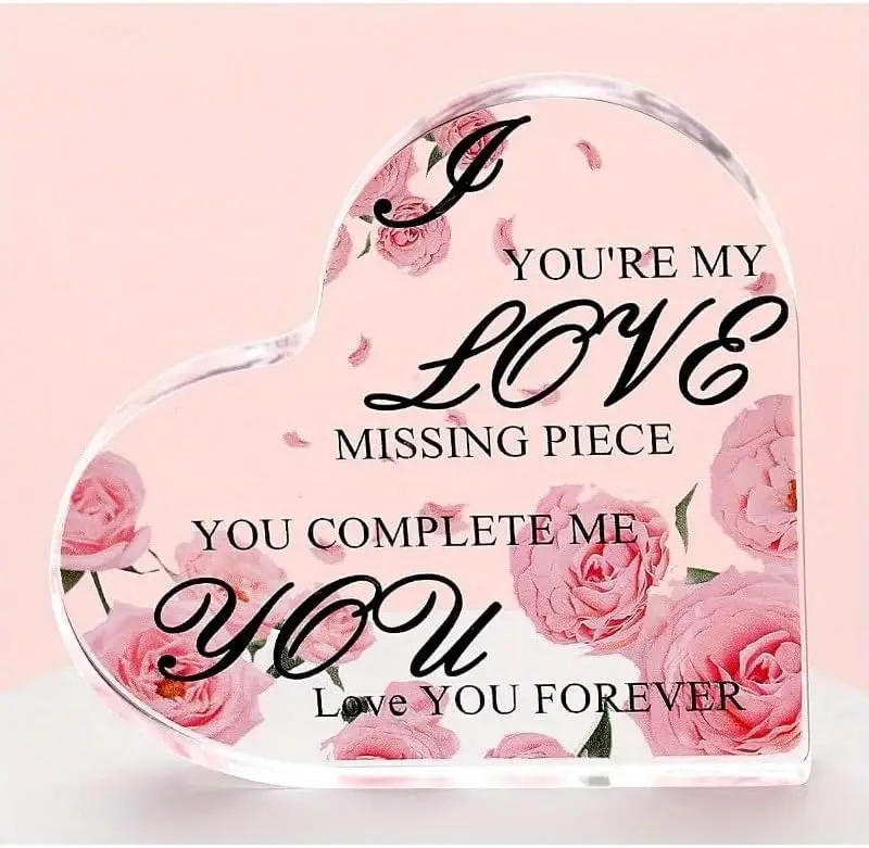 Heart‑Shaped Acrylic Plaque Romantic Love Quote Rose Keepsake Gift,You Complete Me Love Sentimental Acrylic Desktop Decor For Lover