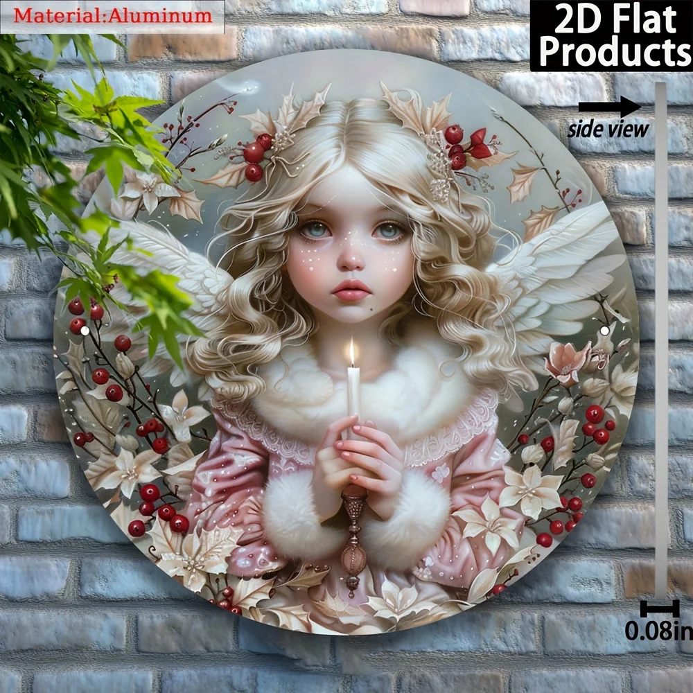 2D Flat, 1pc Vintage Angel-Themed Round Metal Wall Plaque - Pink & Cherub with Holly Berries, Aluminum 2D Flat Hanging Sign Suit