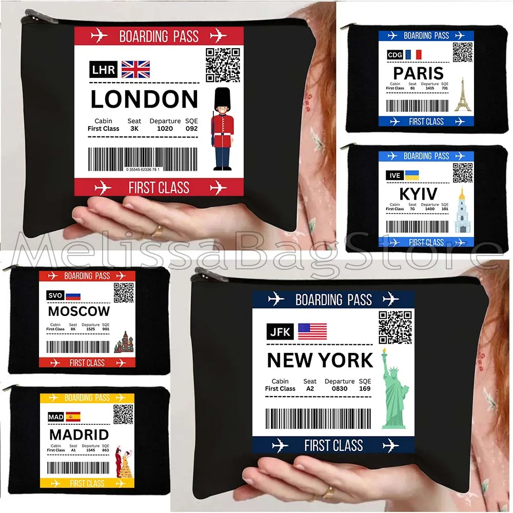 New York Rome Paris London Athens Bangkok Berlin Bogota Dubai Dublin Madrid Moscow Boarding Pass Cosmetic Makeup Bag Case Pouch