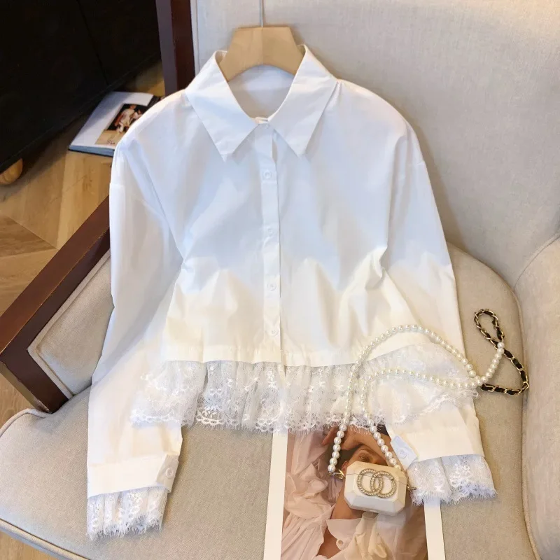 

Французская синяя кружевная рубашка, женская ранняя весна 2025 года, дизайн Sense, свободный топ с воротником-поло