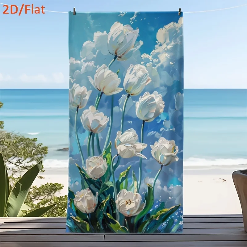1枚入り-2dフラット「サマービーチスタイル：白いチューリップの花束ビーチタオルデザイン」テーマビーチタオル-サマー長方形タオル