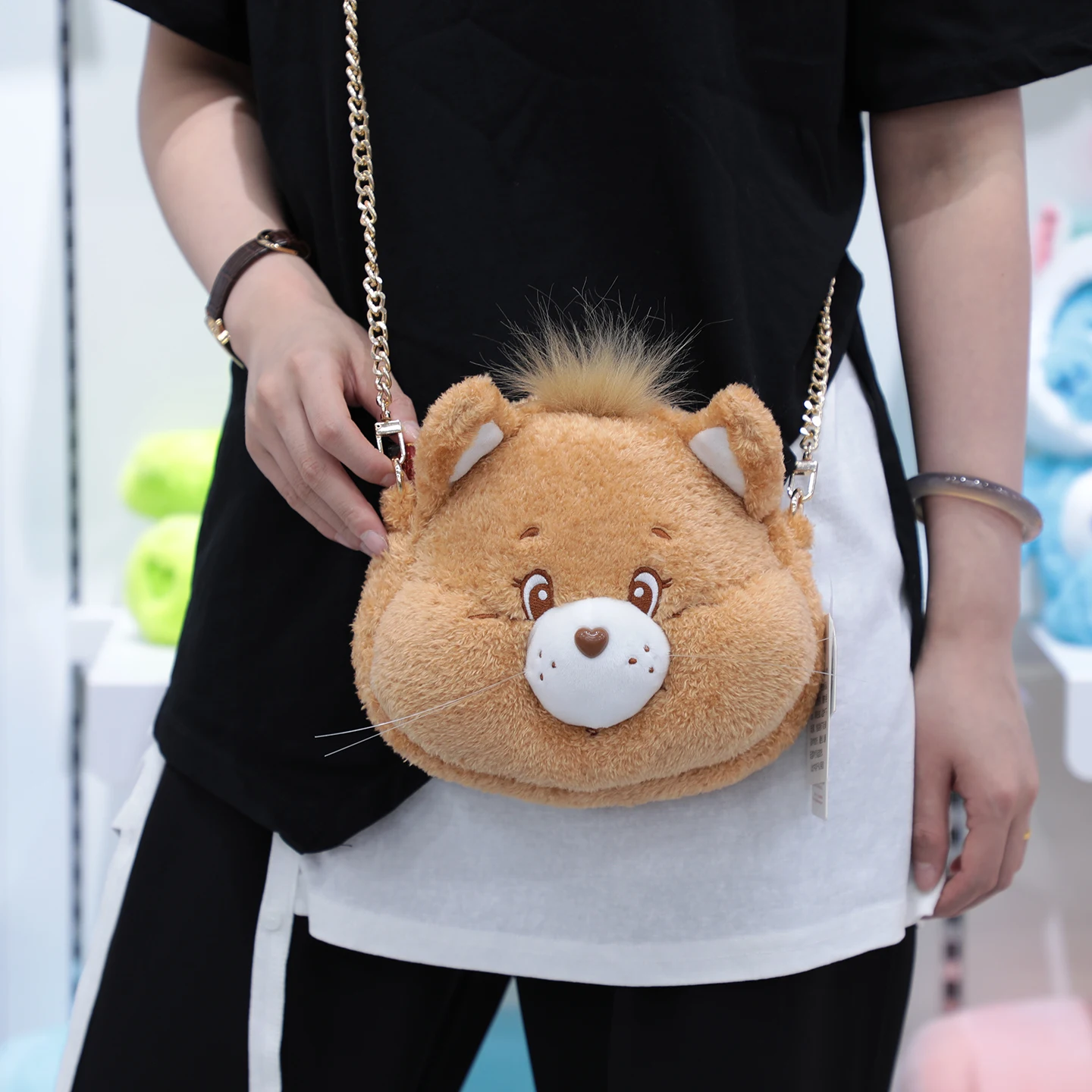 Bolsa transversal de pelúcia genuína dos Ursinhos Carinhosos, bolsa de ombro com cabeça de urso de desenho animado, bolsa estilo estrela para meninas, presente de aniversário ou feriado.