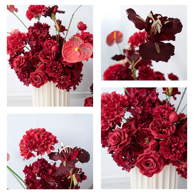 5D Künstliche Rote Rosen-Serie Bodenblume Tischblume Hochzeits-Blumenarrangement Hintergrund Gangdekoration Blumenreihe Requisiten – Detail 1