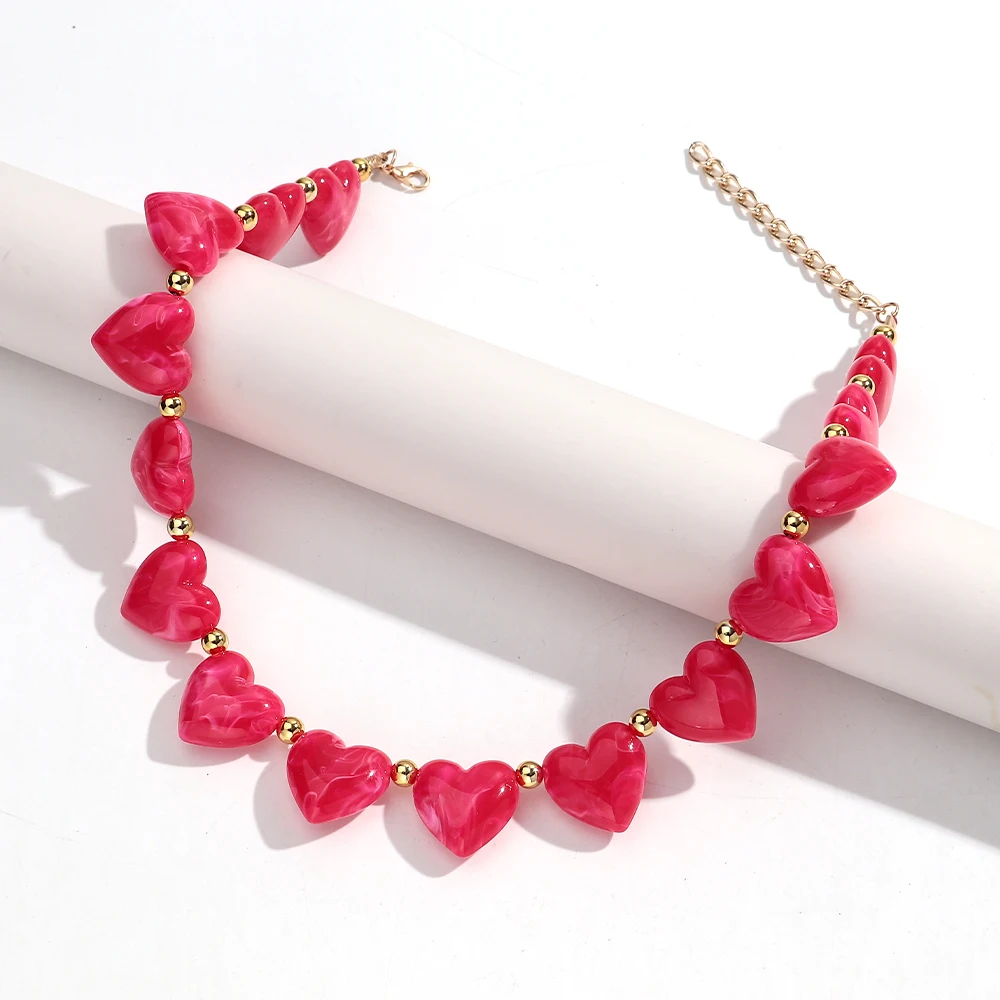 Nette Acryl Herz Perlen Halsband Halskette für Frauen Harz Geometrische Herz-förmigen Perlen Kragen Halsketten Mädchen Party Schmuck Geschenk – Detail 10