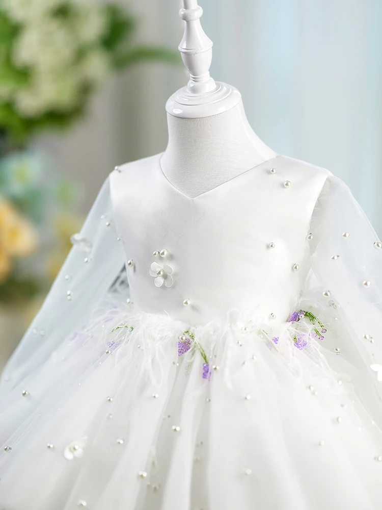 Gaun Putri Bayi Gaun Satin Mutiara Gaun Pesta Anak-Anak dengan Pita dan Jaring Lengan Panjang untuk Ulang Tahun