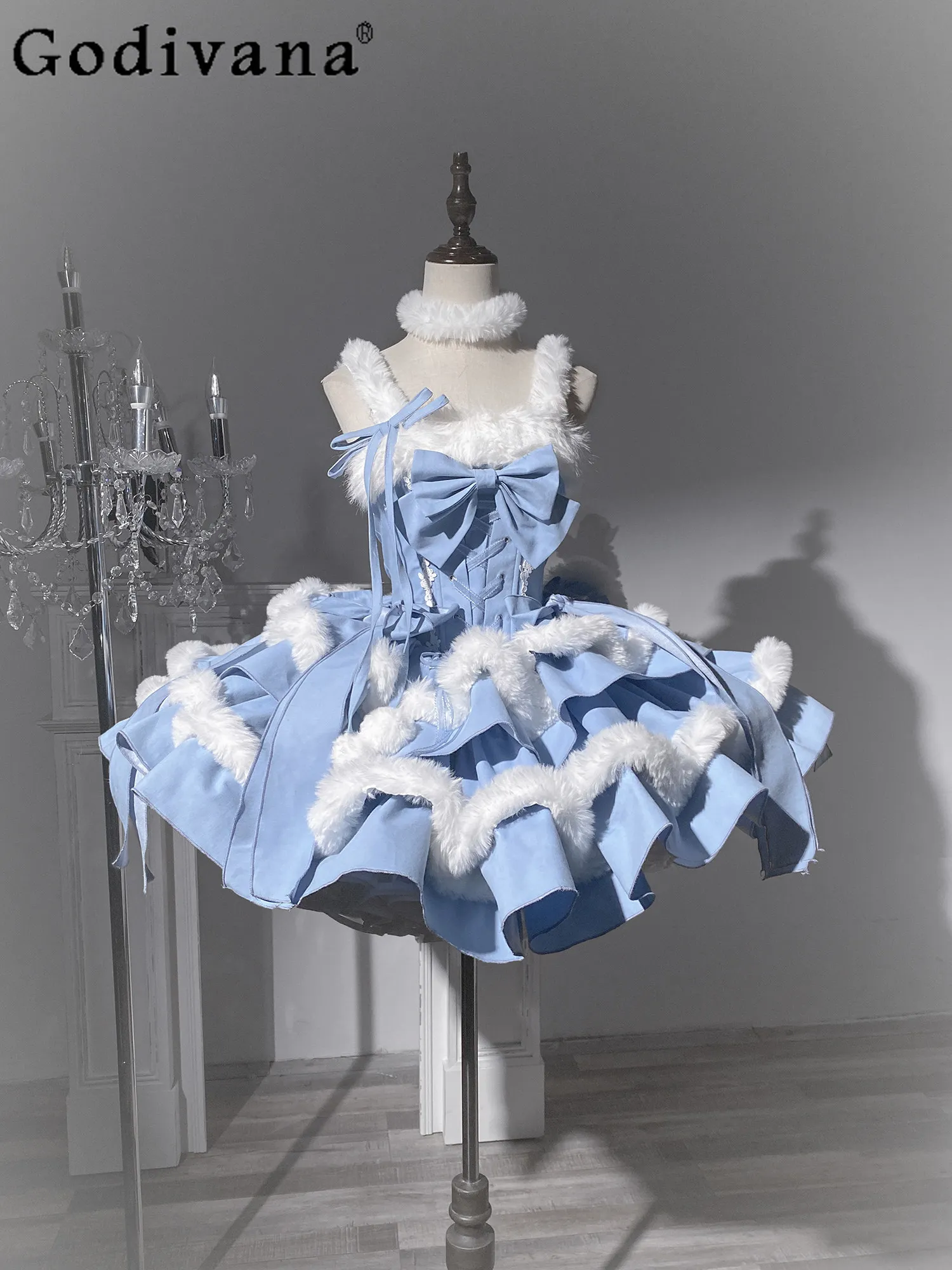 

2025 Winter Japanese Original Sweet Girl Lolita Blue Sweet Cute Girl Plush Dress Holiday Party Doll Feel Bow JSK Strap Dress