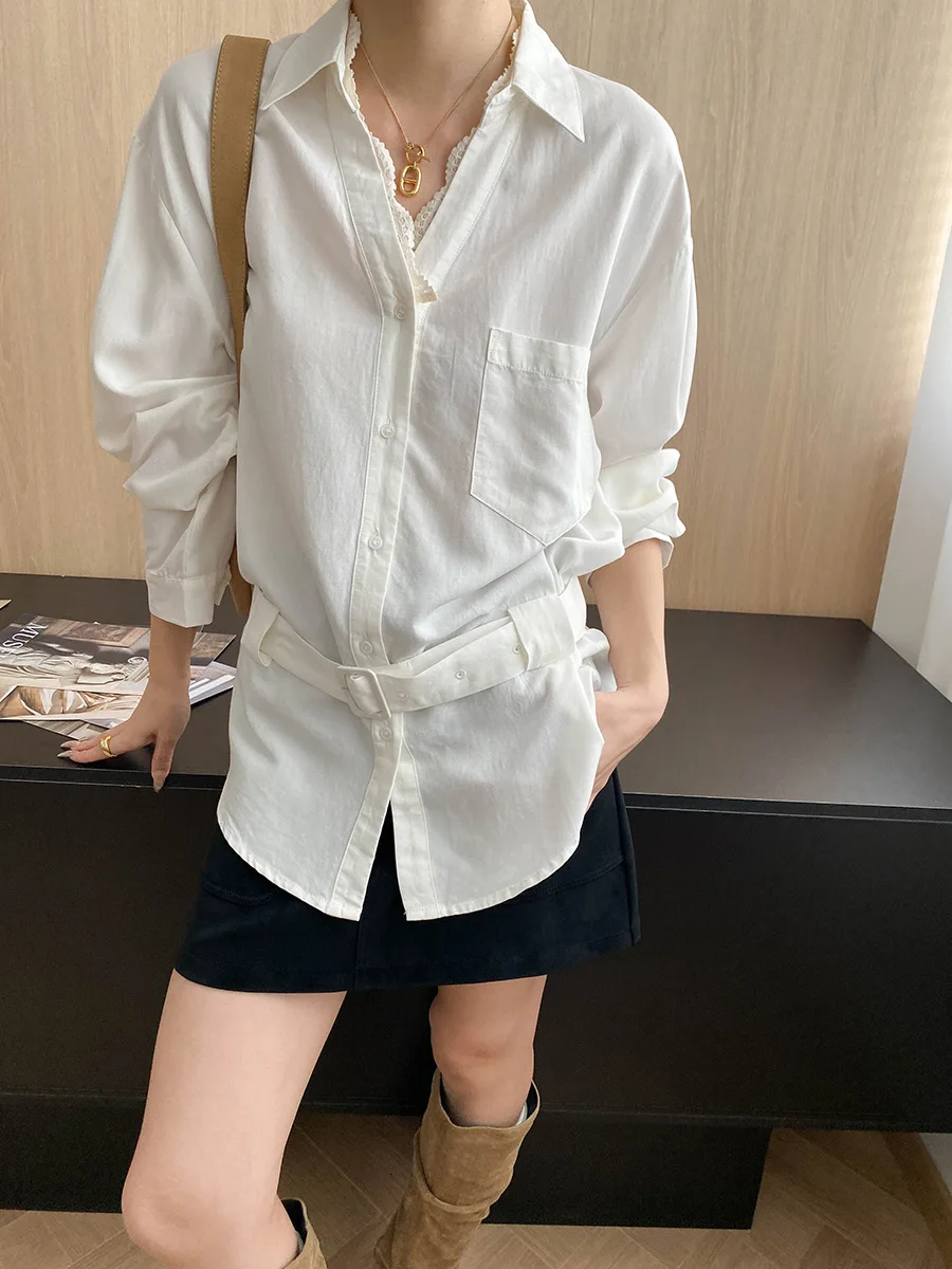 

2025 весенне-осенняя кружевная дизайнерская рубашка с v-образным вырезом и длинным рукавом, повседневная уличная одежда, модная женская рубашка, топы