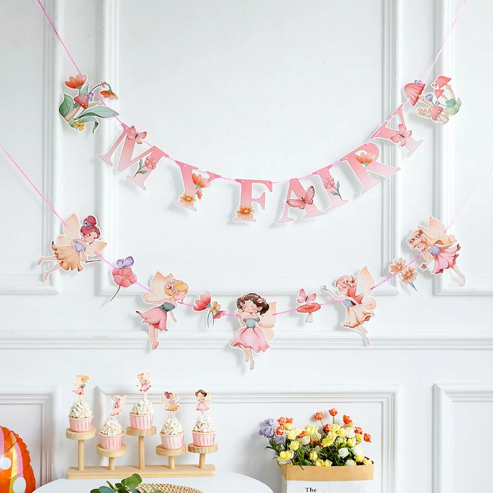 Spring Flower Fairy Mushroom Butterfly Pink Banner Pull Flag Baby Shower  Garland Afternoon Tea Theme Birthday party Decorations