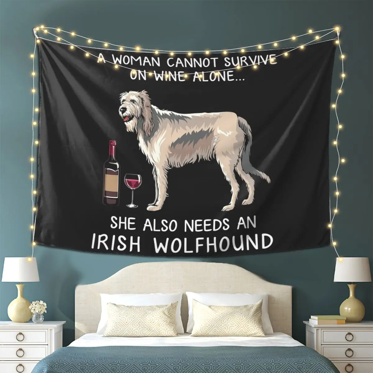 

Irish Wolfhound And Wine Funny Dog Tapestry Wall Hanging Aesthetic Home Decor Tapestries for Living Room Bedroom