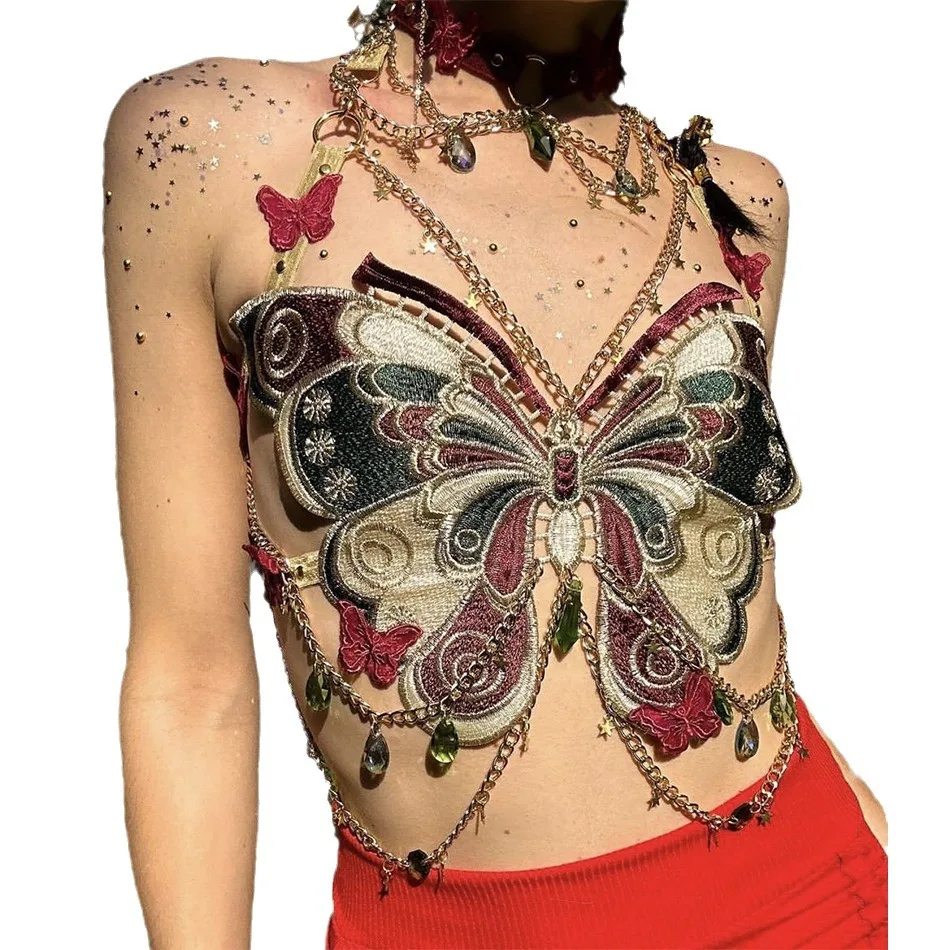 Sexy Backless Women's Butterfly-Embroidered Top with Crystal Chain Sleeveless Cropped Camisole Adjustable Tops for Beach Holiday
