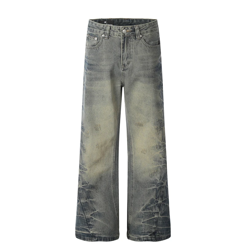 

Джинсы прямого кроя с ручной плиссировкой в американском стиле, унисекс, длинные брюки, идеальная посадка, новинка весенней коллекции, джинсовые брюки с отворотами