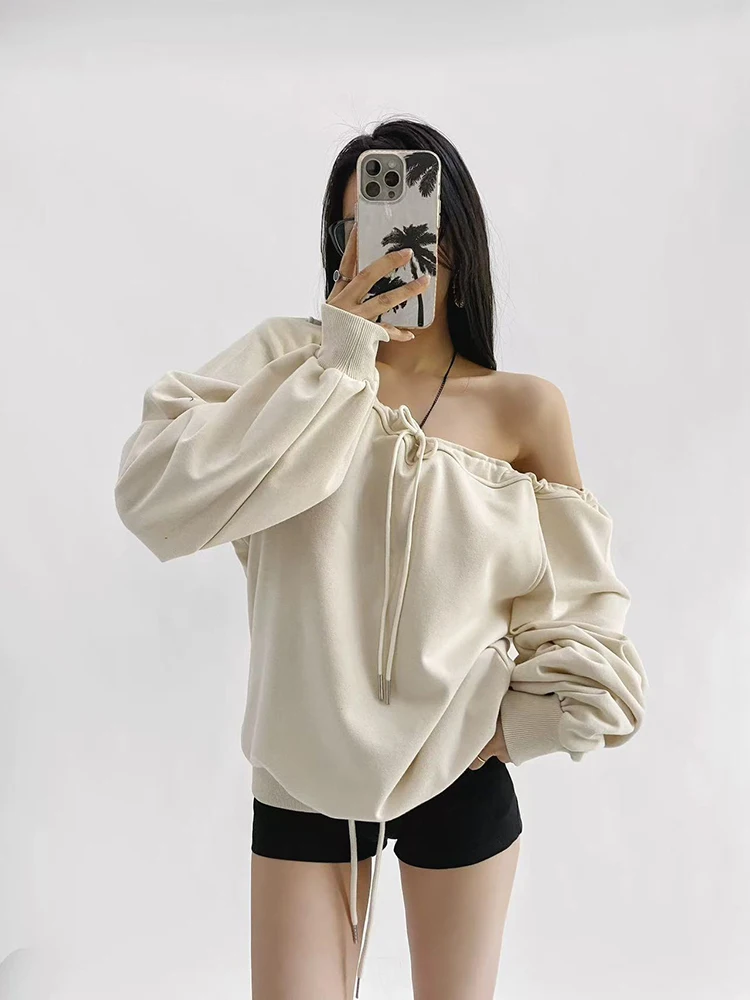 Y2K Slash Neck Drawstring Sweatshirt Women Autumn Loose Streetwear Sexy Off Shoulder Pullover American All Match Baggy Pullover