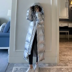 Silver Glossy Down cotton Jacket Women's Loose Long Coat 2025 Winter Windproof Rainproof Thicken Hooded Parkas Overcoat Female