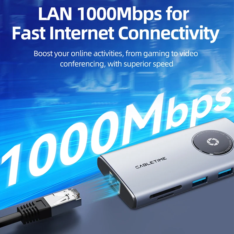 CABLETIME 8 in 1 USB C HUB 4K Type C Hub to HDMI PD100W SD&TF LAN USB3.0 5Gbps Splitter Adapter for Laptop Macbook Pro Air Dock