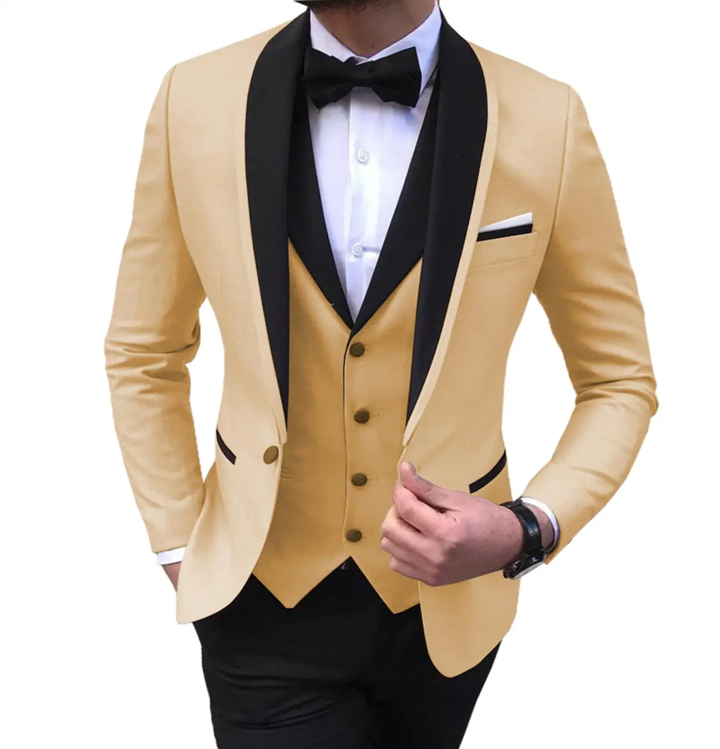 

Champagne Mens Suits Black Shawl Lapel Groomsmen Groom Tuxedos For Wedding Costume Homme Casual Business Suits For Men 3 Pieces