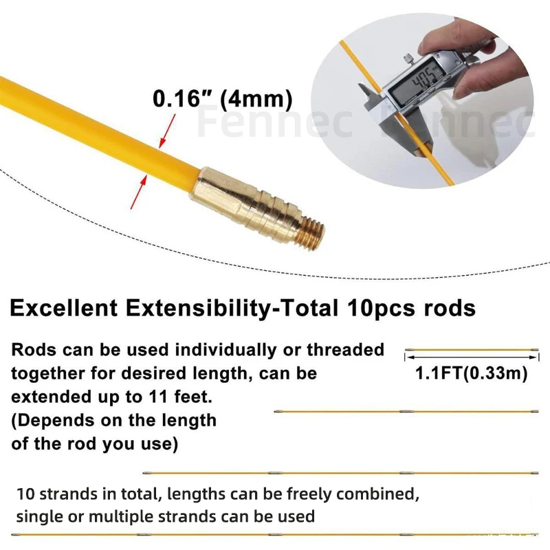 10Pcs 33CM/45CM/58CM Fiberglass Wire Cable Push Puller Running Cable Wire Kit Electrical Cable Wall Installing Rods Wiring Tool