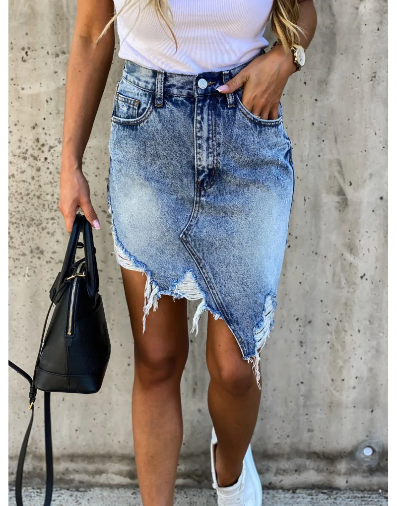 Europe and The United States Personality Broken Hole Irregular Wrap Buttock Denim Half Body Skirt for Women's Spring and Suummer