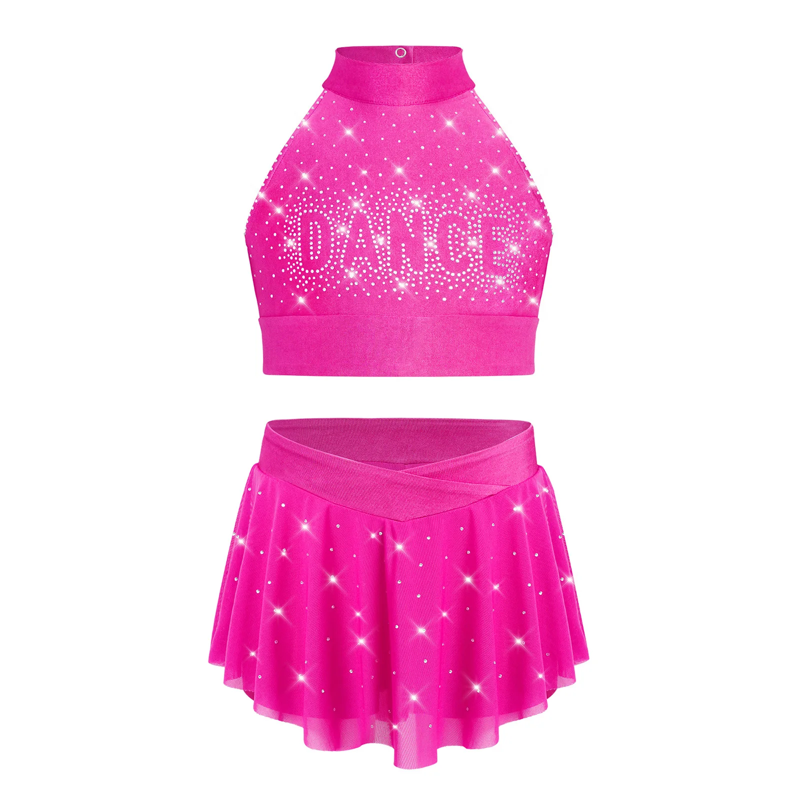 Kids Girls Jazz Dance Cheerleader Costume Cheerleading Uniform Halter Sleeveless Backless Shiny Rhinestones Crop Top with Skirt