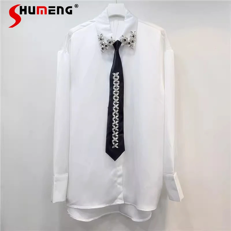 

Women's 2026 Spring New Fashion Long Sleeve Tops Female Rhinestones Tie Solid Color Shirts Nice Lapel Loose Comfort Chic Shirts