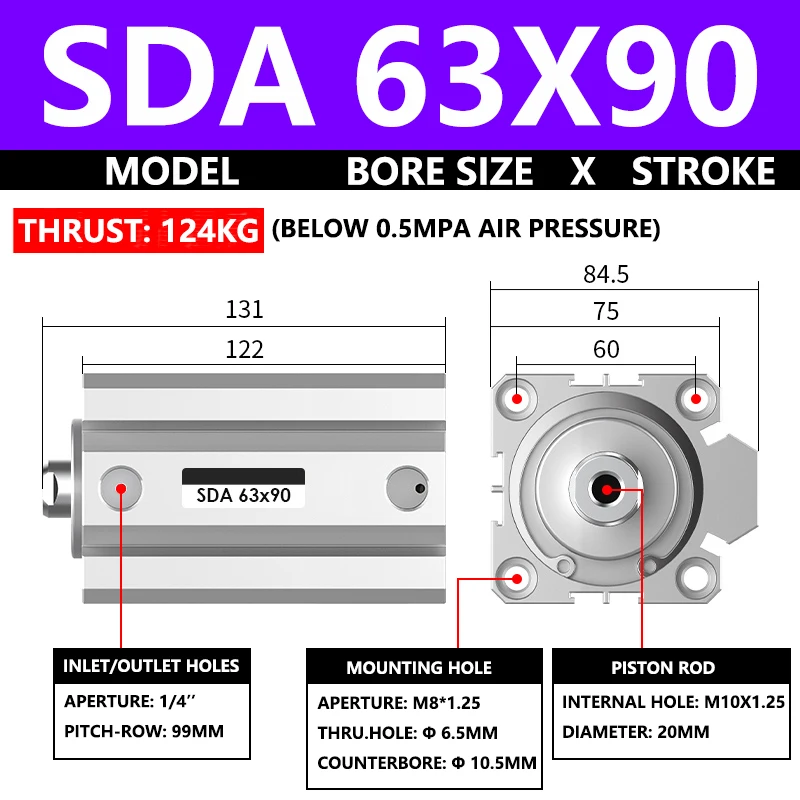 ABILKEEN SDA63X90 SDA Series Thin Air Cylinder 63MM Female Thread Bore X 90MM Stroke Double Acting Pneumatic Compact Cylinder