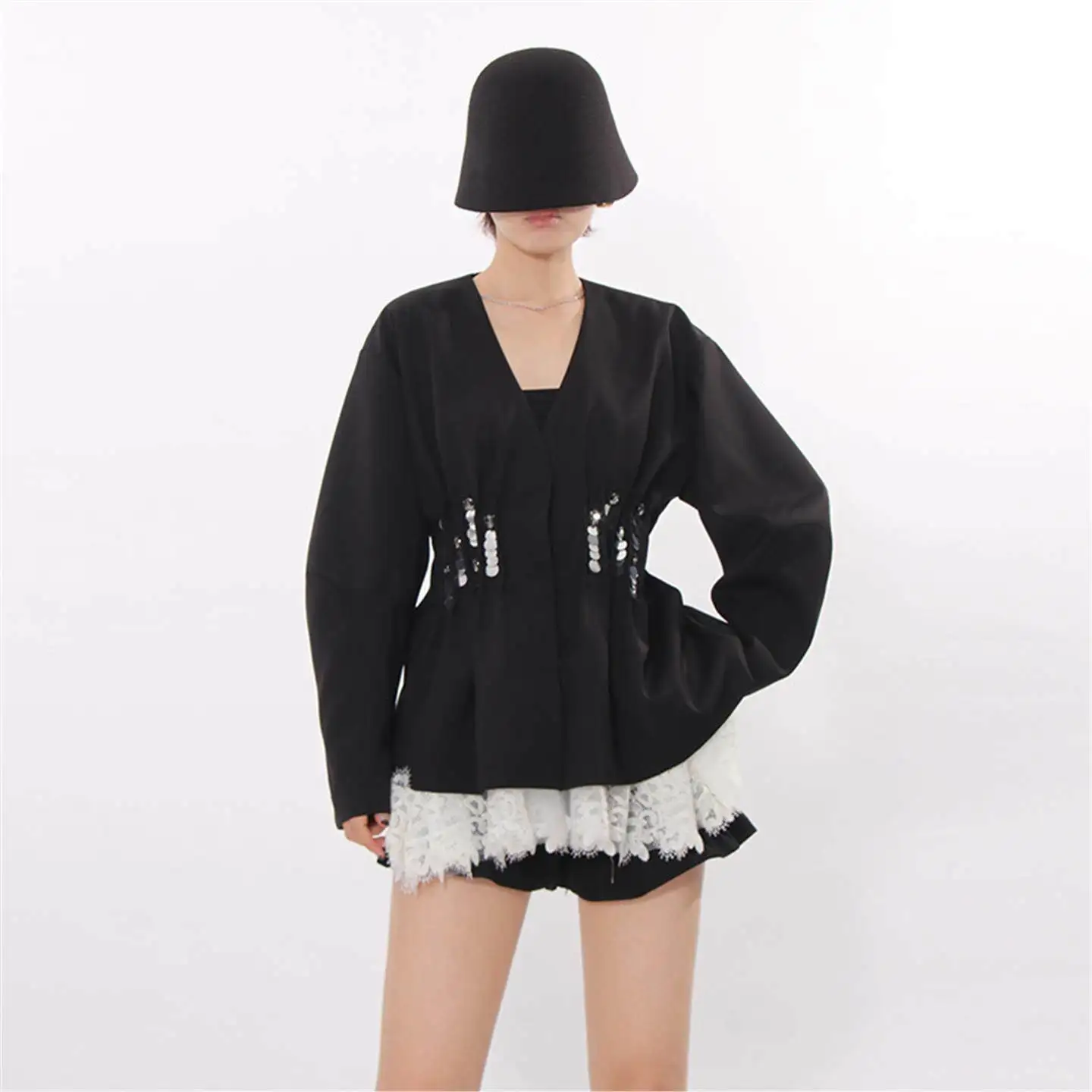 

Женский костюм Ele Retro Sle с кружевными вставками, утягивающий талию, с бриллиантовой отделкой, длинными рукавами, однотонный