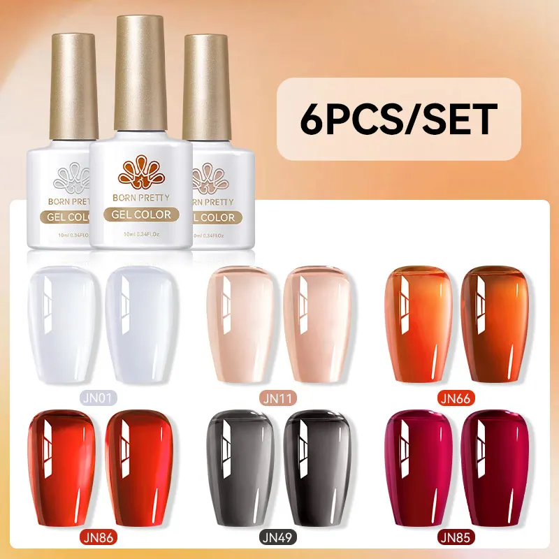 BORN PRETTY6Pcs 10ML Nail Gel Polish Set Jelly Nude Pink Color Gel Soak Off Gel Nail Polish Or Home & Salon Nail Art Design