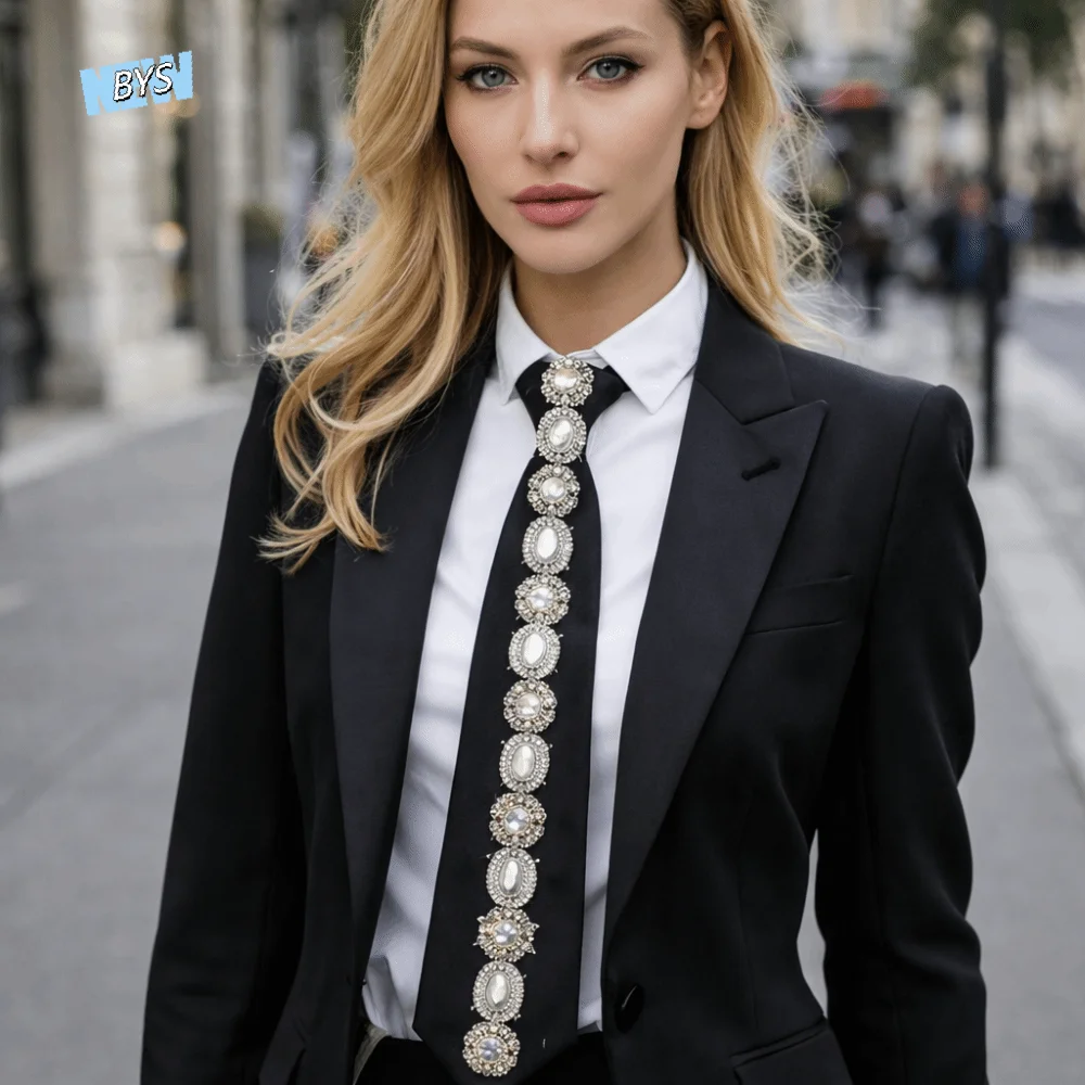 

Fashion Korean Style Rhinestones Tie Black Versatile Long Necktie Academic Style Sparkly Decoration Shirt Tie Men