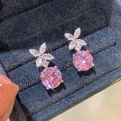 CAOSHI Dainty Cute Earrings Teen Girls Silver Color Pink Zirconia Ear Studs Chic Statement Jewelry Lady Engagement Accessories