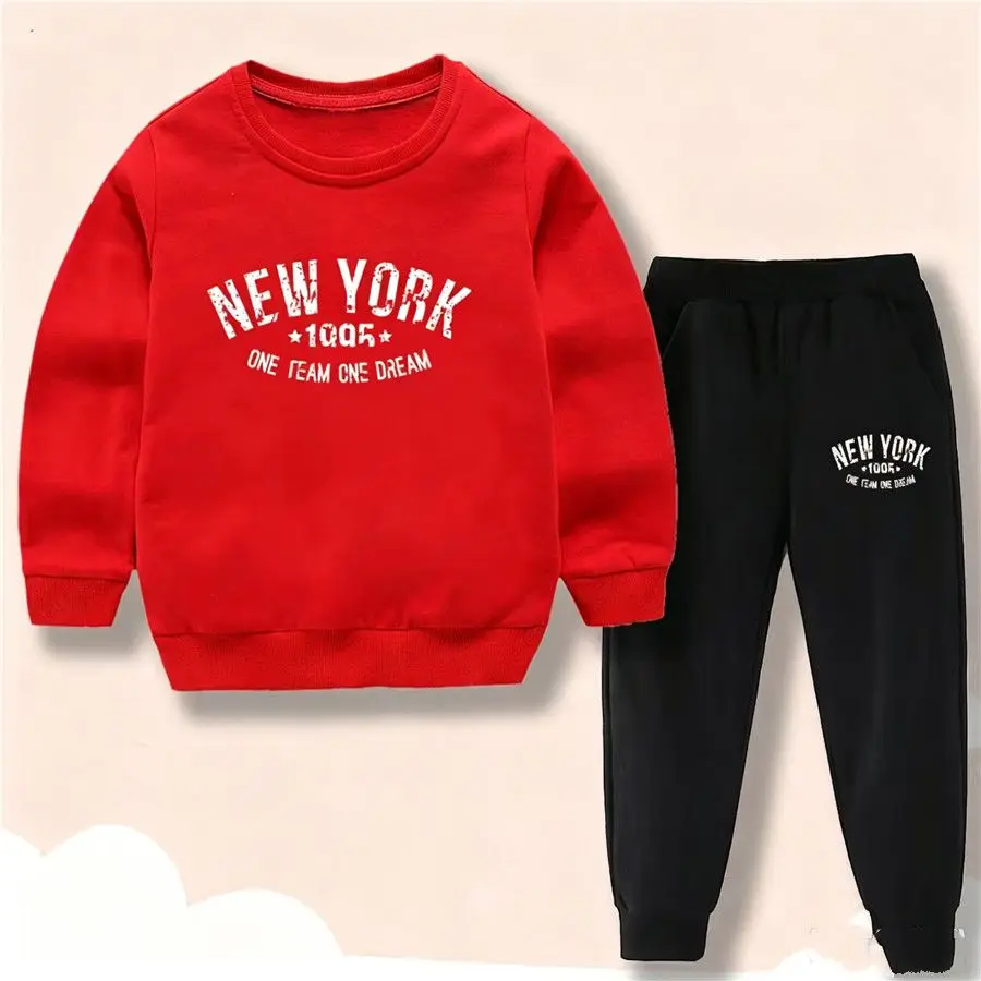 2-teiliges Outfit-Set für Kinder, Sweatshirt mit Rundhalsausschnitt und Jogginghose mit NEW YORK-Aufdruck, lässiger Trainingsanzug für Jungen und Mädchen, Größe 110–160