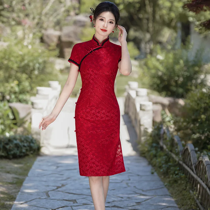 Spring and Summer New Short Cheongsam Red Lace Long Dress Slim Retro Temperament Daily Performance Clothes