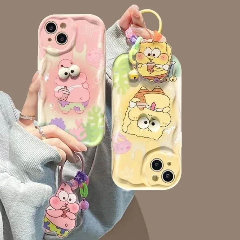 Big Eyes SpongeBob Wave Soft Silicone Phone Case For Samsung Galaxy S24 Ultra S23 S22 Plus S21 S20 FE A25 A55 A35 With Pendant