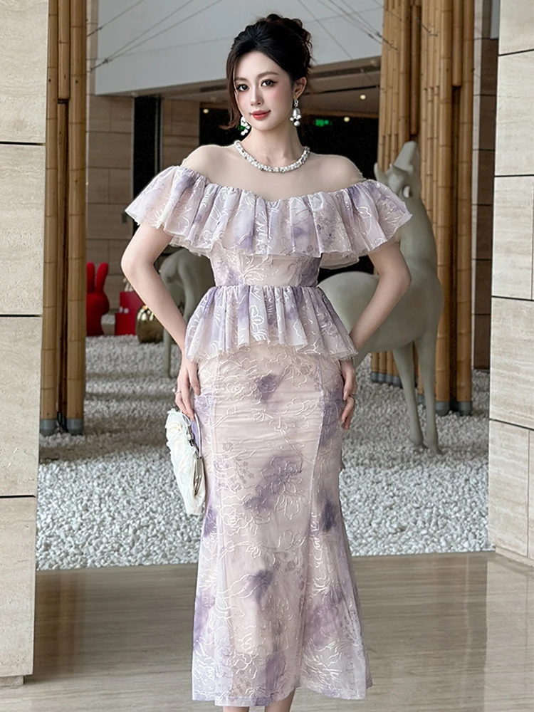 Celebrity Elegant Party Dress Women Sheer Mesh Splice Pearl Neckline Ruffle Peplum Fishtail Robe Formal Dinners Wedding Vestidos