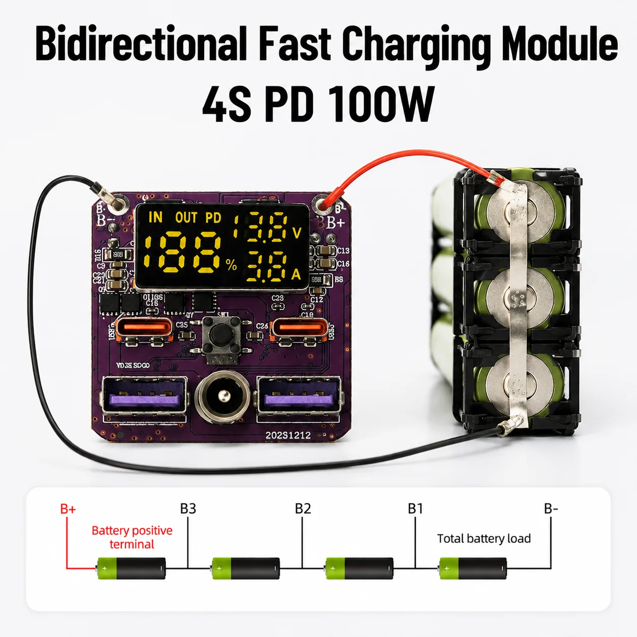 PD 100W Fast Charging Module 4S 20V/5A Bidirectional Charge Discharge Lithium Battery Protection Board with DC Port