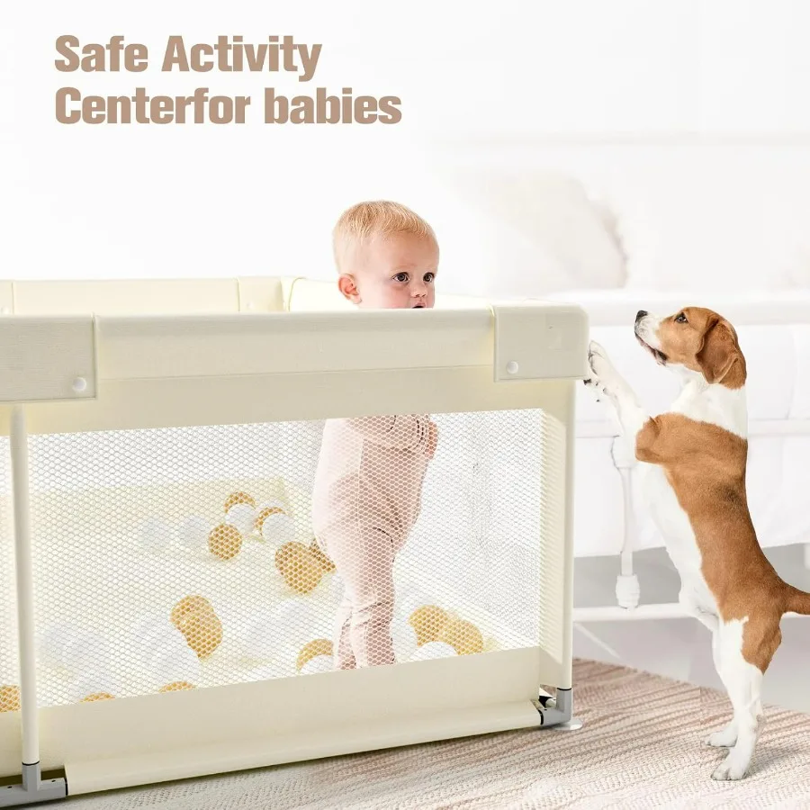 ZEEBABA Box Beige per Bambini 59x59 in Box per Neonati e Piccoli Penna da Gioco per Cortile da Gioco per Neonati con Cancello Senza Tappetino