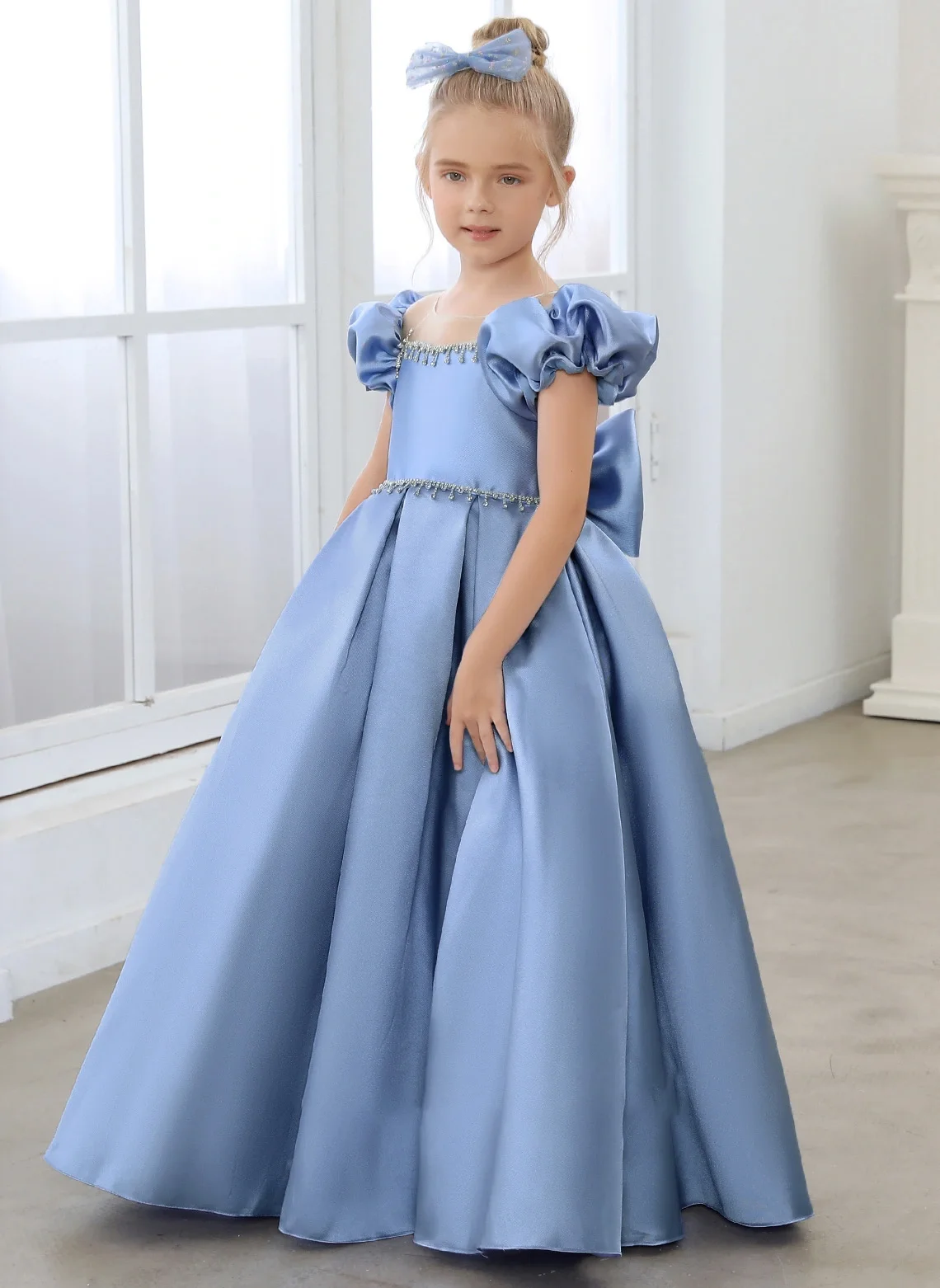 Princesa Scoop chão vestido de baile, vestido de cetim flor menina, vestido de noite, elegante banquete vestidos, novo