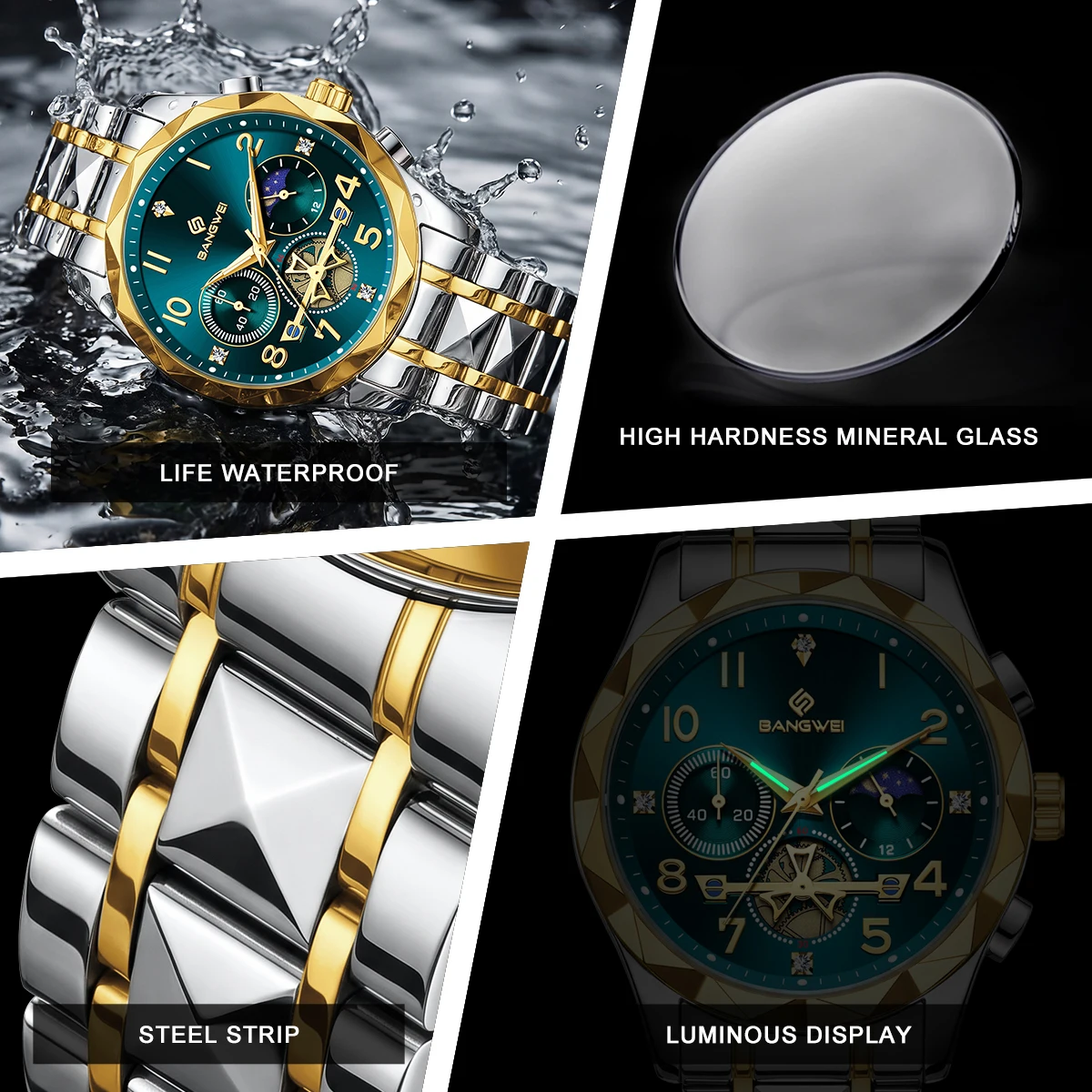 BANGWEI 2026 Luxury Quartz Men's Watches Waterproof Luminous Stainless Steel Quartz Wristwatch Business Calendar Male Clock Gift