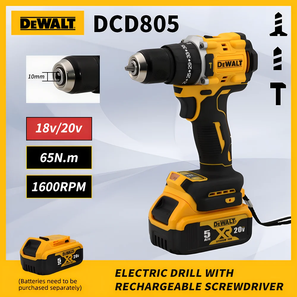 

DEWALT DCD805 Brushless Impact Drill 65N.m Cordless Electric Screwdriver Multifunctional Rechargeable 20v Battery Power Tools